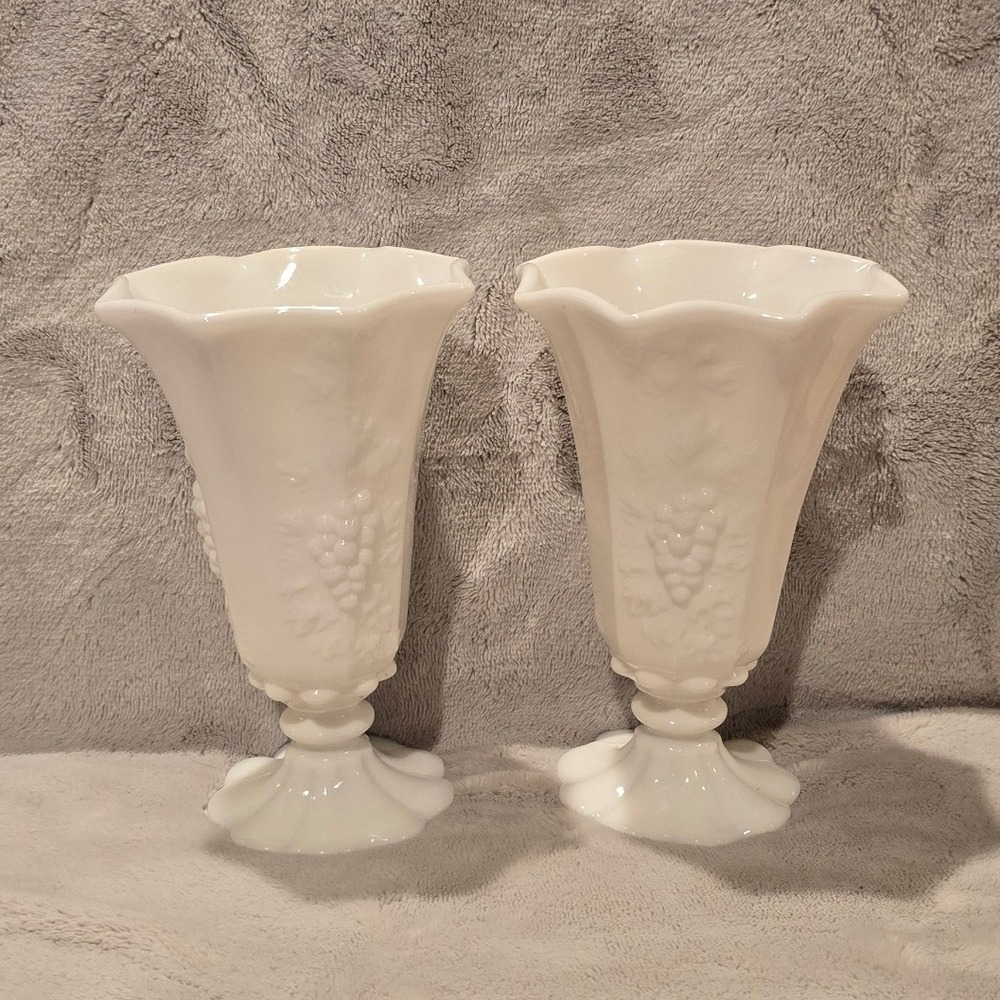Vintage Westmoreland Milk Glass Beaded Grape Scalloped Footed Bud Vases Set of 2
